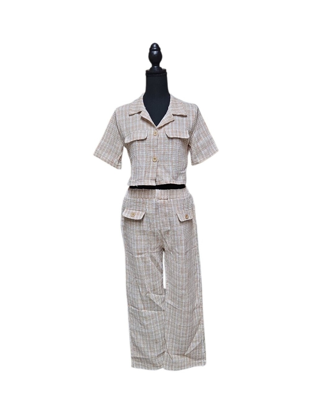 Cropped Plaid Button-Front Co Ords in Beige